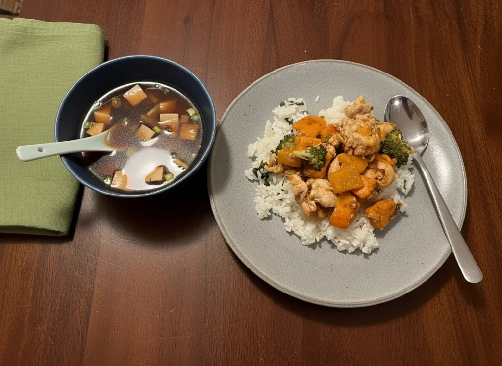 chicken with mixed vegetables and miso soup
