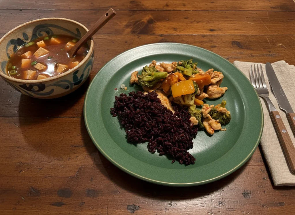 chicken with mixed vegetables and miso soup black rice version