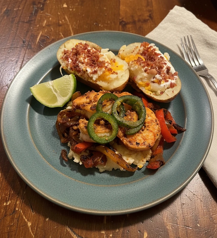 easy fajita style shrimp and grits with loaded potato v2