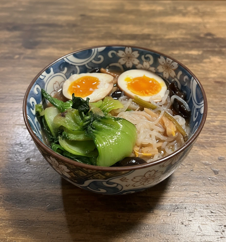 northern style braised noodle bowl with bok choy and marinated egg