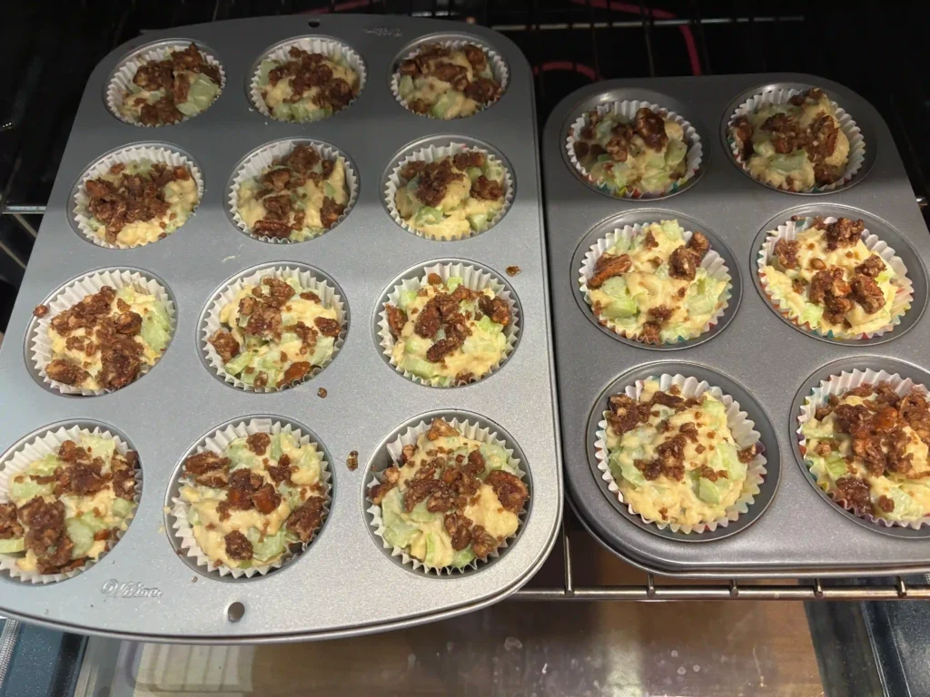 rhubarb pecan streusel muffins baking