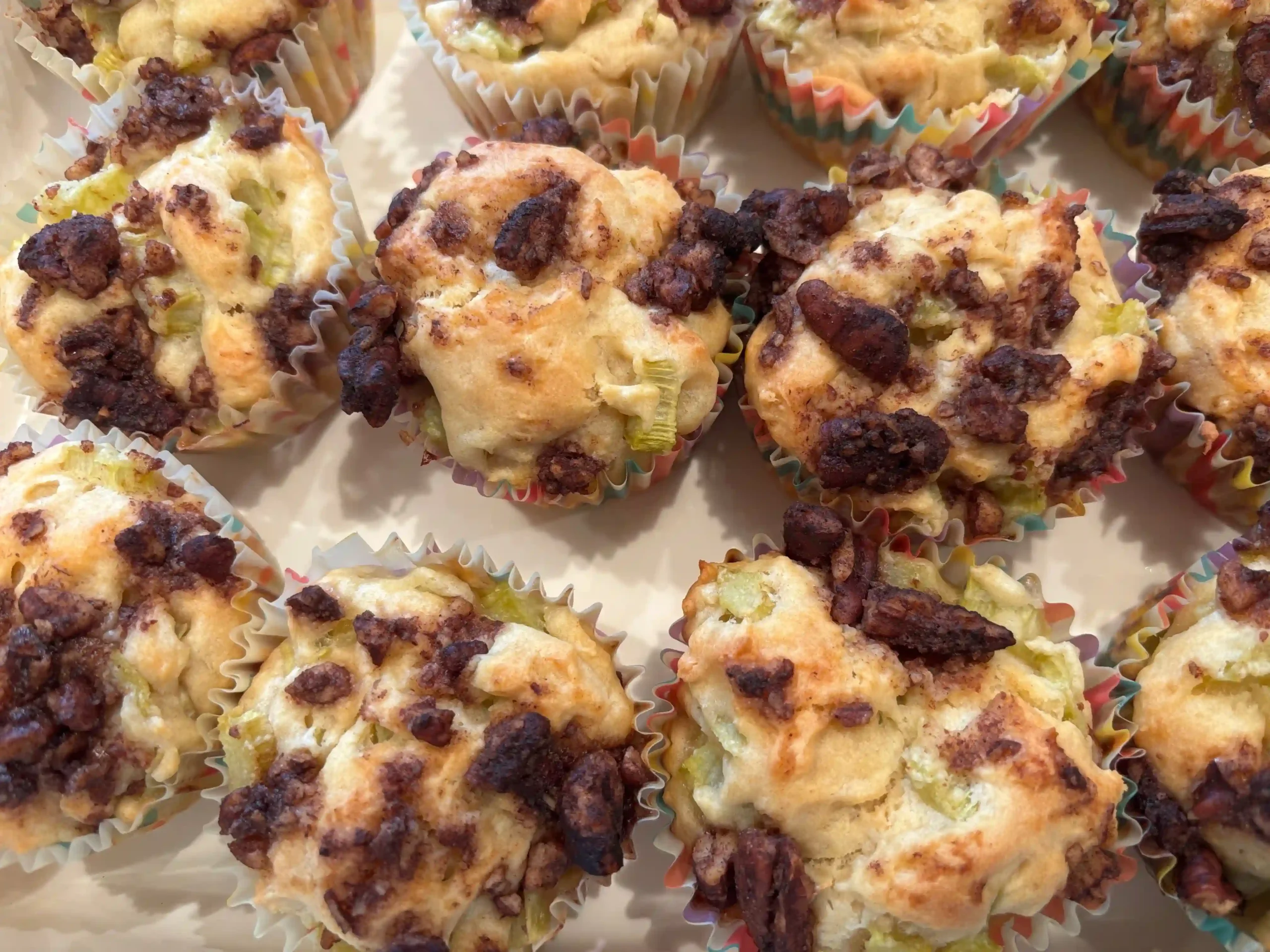 rhubarb pecan streusel muffins close look
