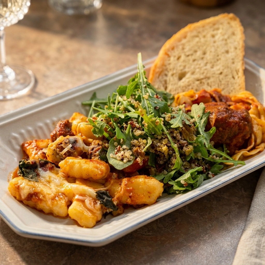 fresh meatball pasta and gnocchi pizza bake