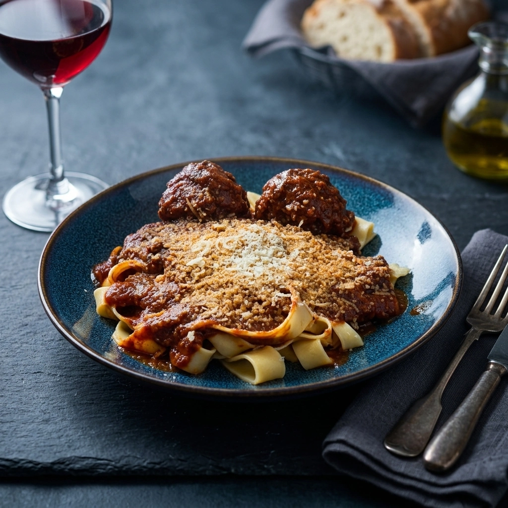 freshpappardelle with meatballs and red sauce hero shot