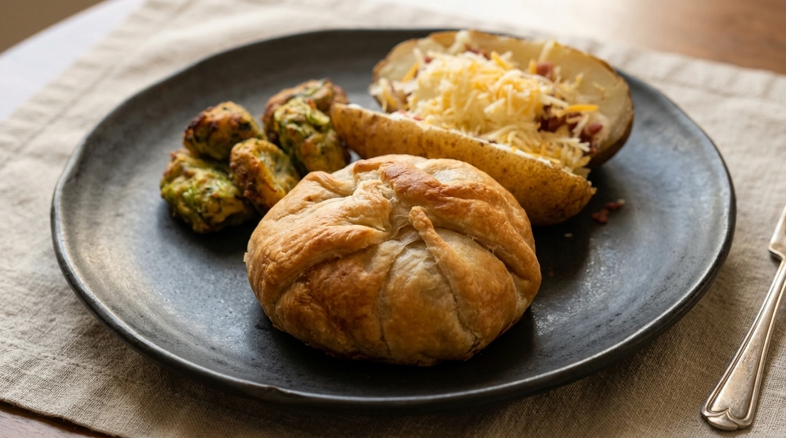 Beef Wellington with Air Fryer Zucchini Tots and Baked Potato beef wellington with air fryer zucchini tots and baked potato hero