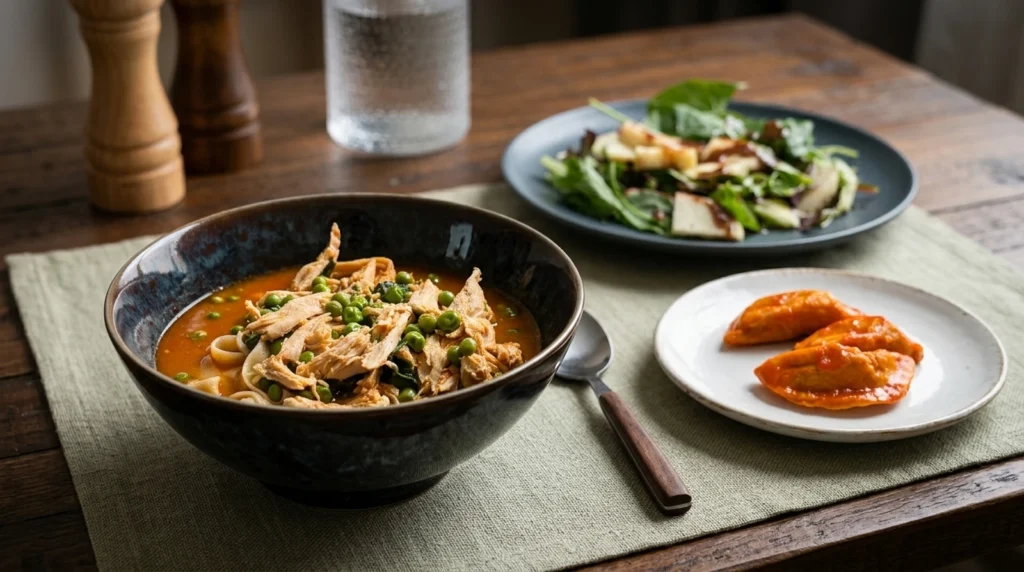 thai curry noodle soup, apple pear salad & buffalo pierogi