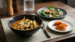 Curry Noodle Soup with Apple Pear Salad and Buffalo Pierogi thai curry noodle soup, apple pear salad & buffalo pierogi