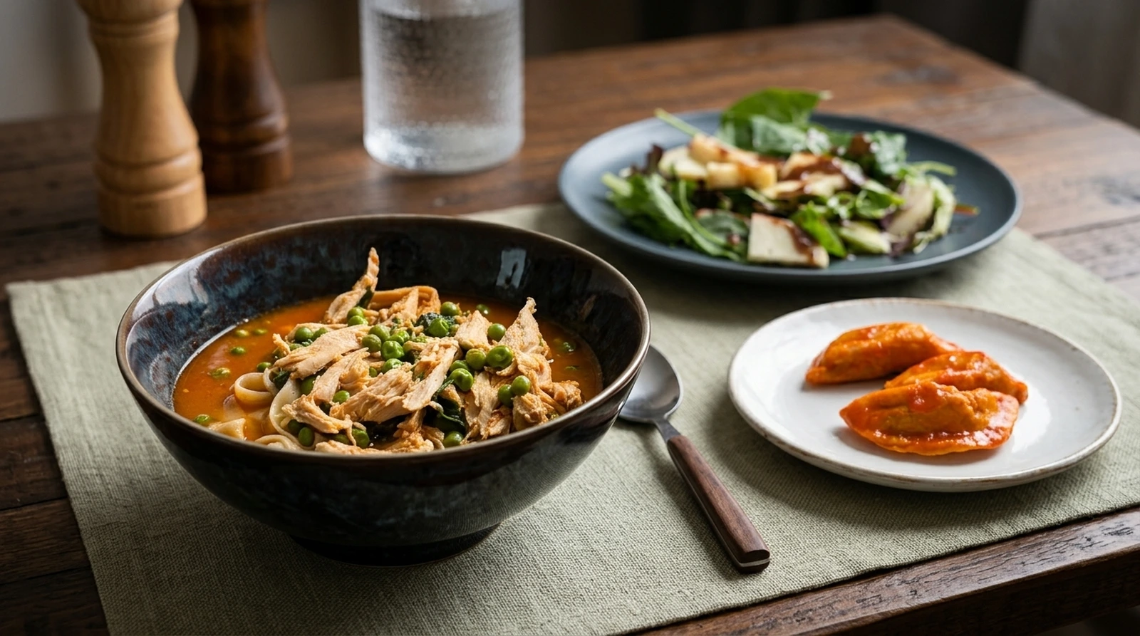Curry Noodle Soup with Apple Pear Salad and Buffalo Pierogi thai curry noodle soup, apple pear salad & buffalo pierogi