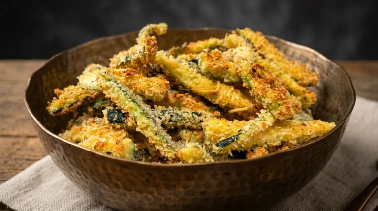 Freshcipe Crispy air fryer smoked paprika zucchini fries with a golden panko and Parmesan crust in a hammered metal bowl