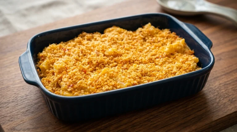 Freshcipe Calabrian chili ziti mac and cheese with golden panko crumb topping in a navy baking dish