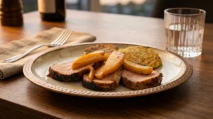 glazed pork roast with apples and zucchini patties hero