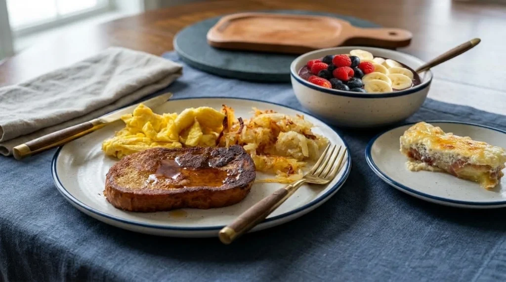 brioche french toast with serrano banana rolls and acai bowl hero